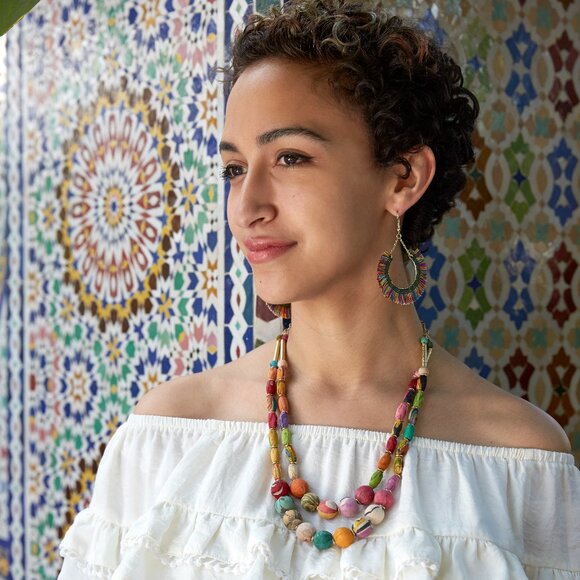 Fair Trade NWT 2 Strand Boho Necklace Handmade Upcycled Kantha Fabric Recycled - Picture 2 of 16